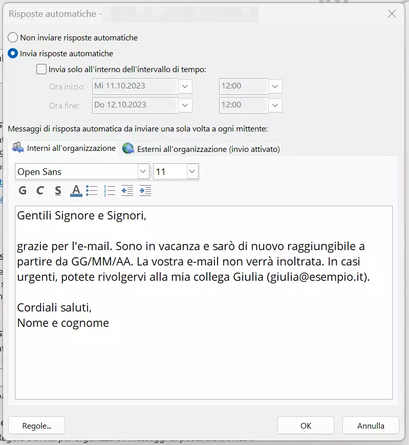 Finestra per l’inserimento della notifica di assenza in Outlook