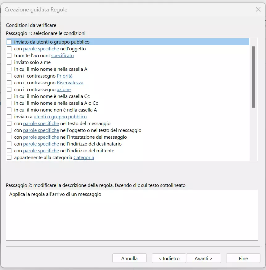 Outlook 365: scelta delle condizioni per le regole della posta in arrivo