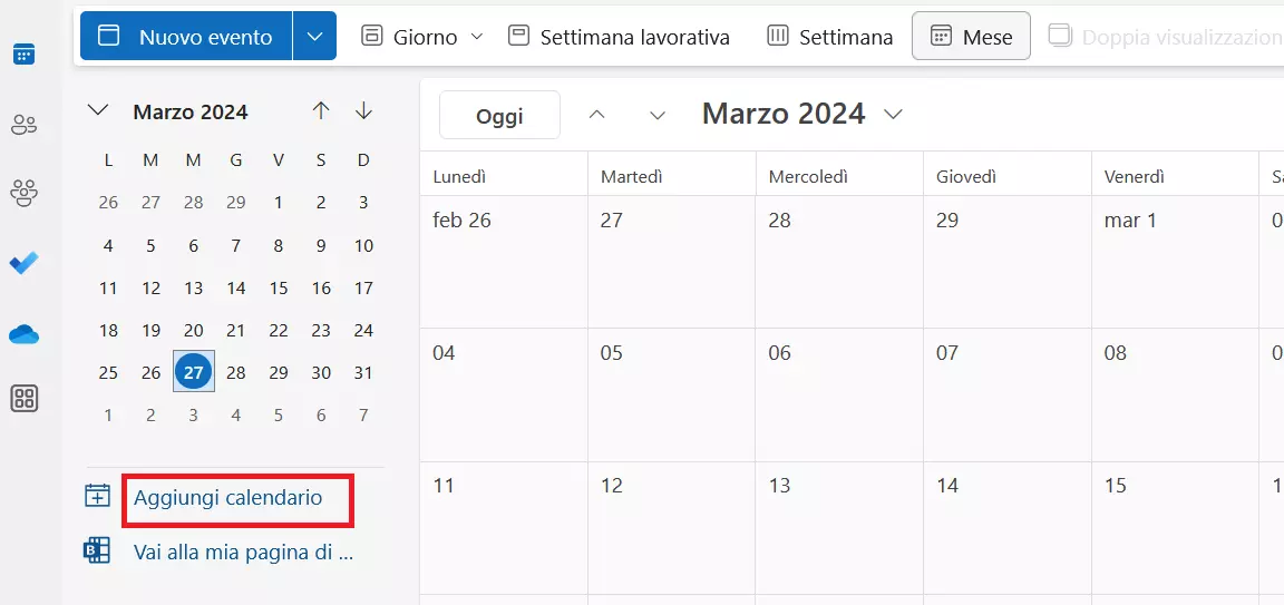 App web di Outlook: opzione “Aggiungi calendario”