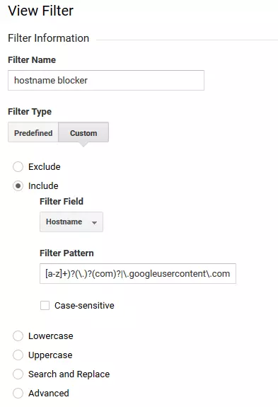 Account dimostrativo di Google Analytics: funzione filtro