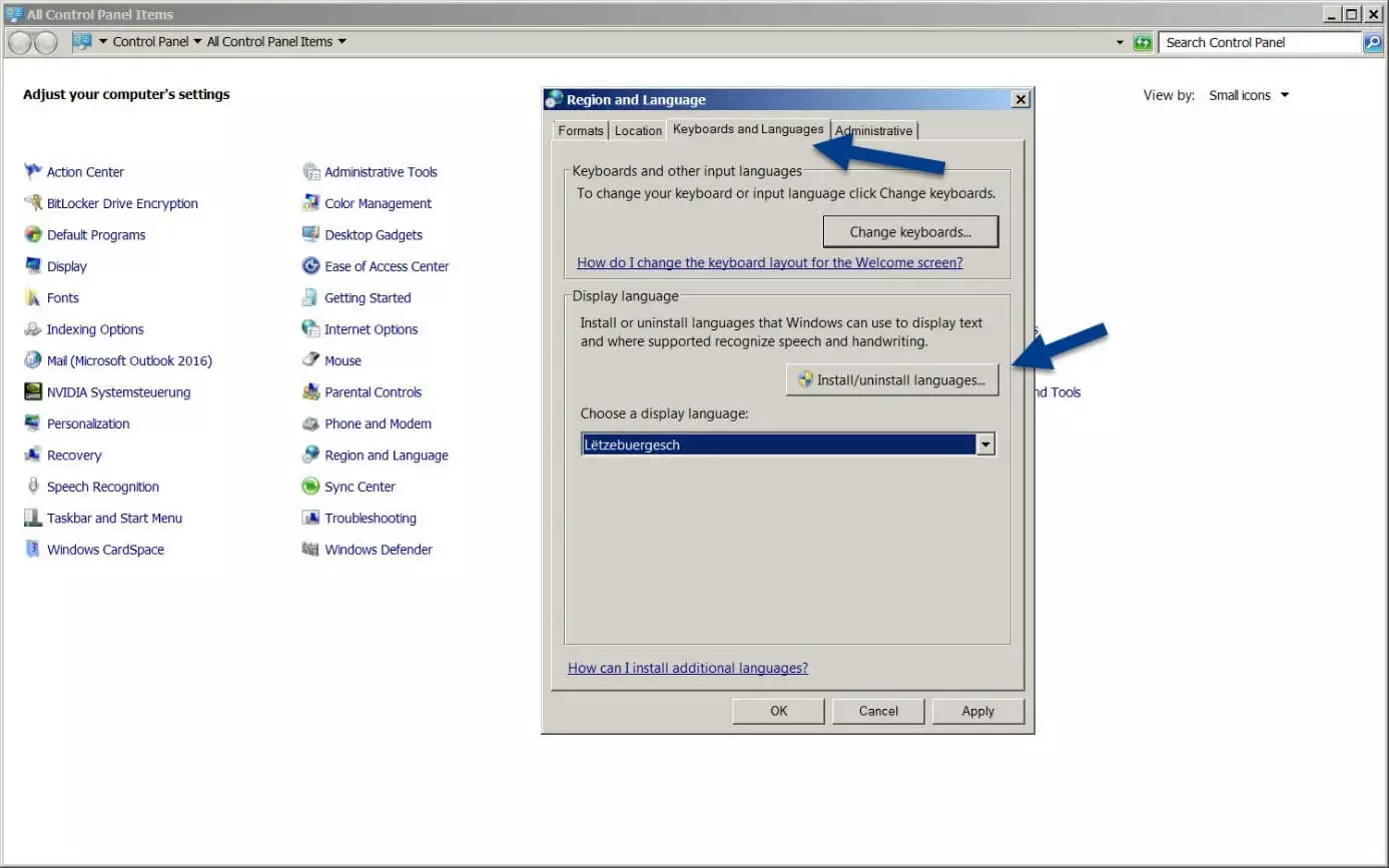 Scheda “Tastiere e lingue” di Windows 7