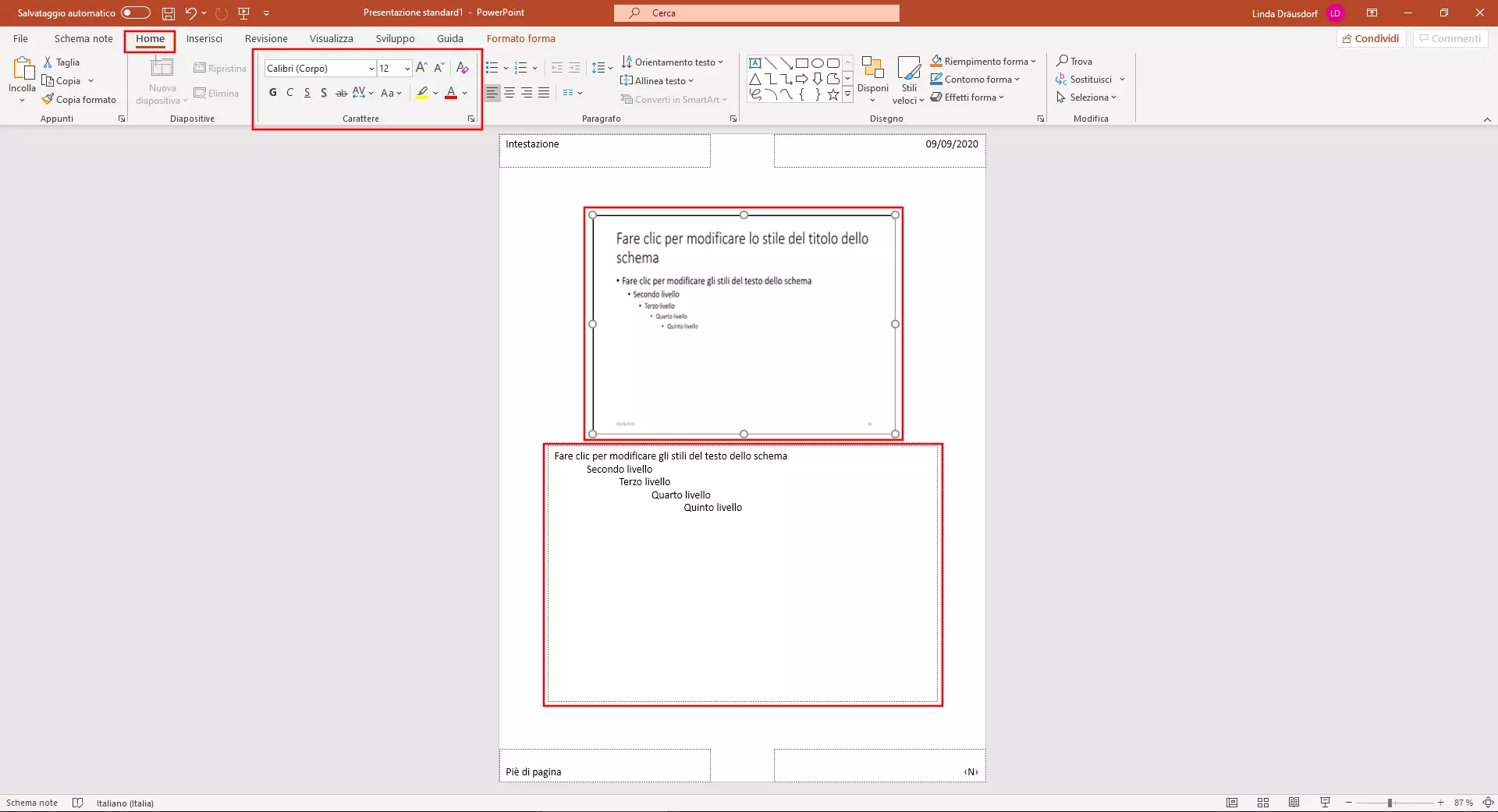 Master note di PowerPoint: impostazioni carattere