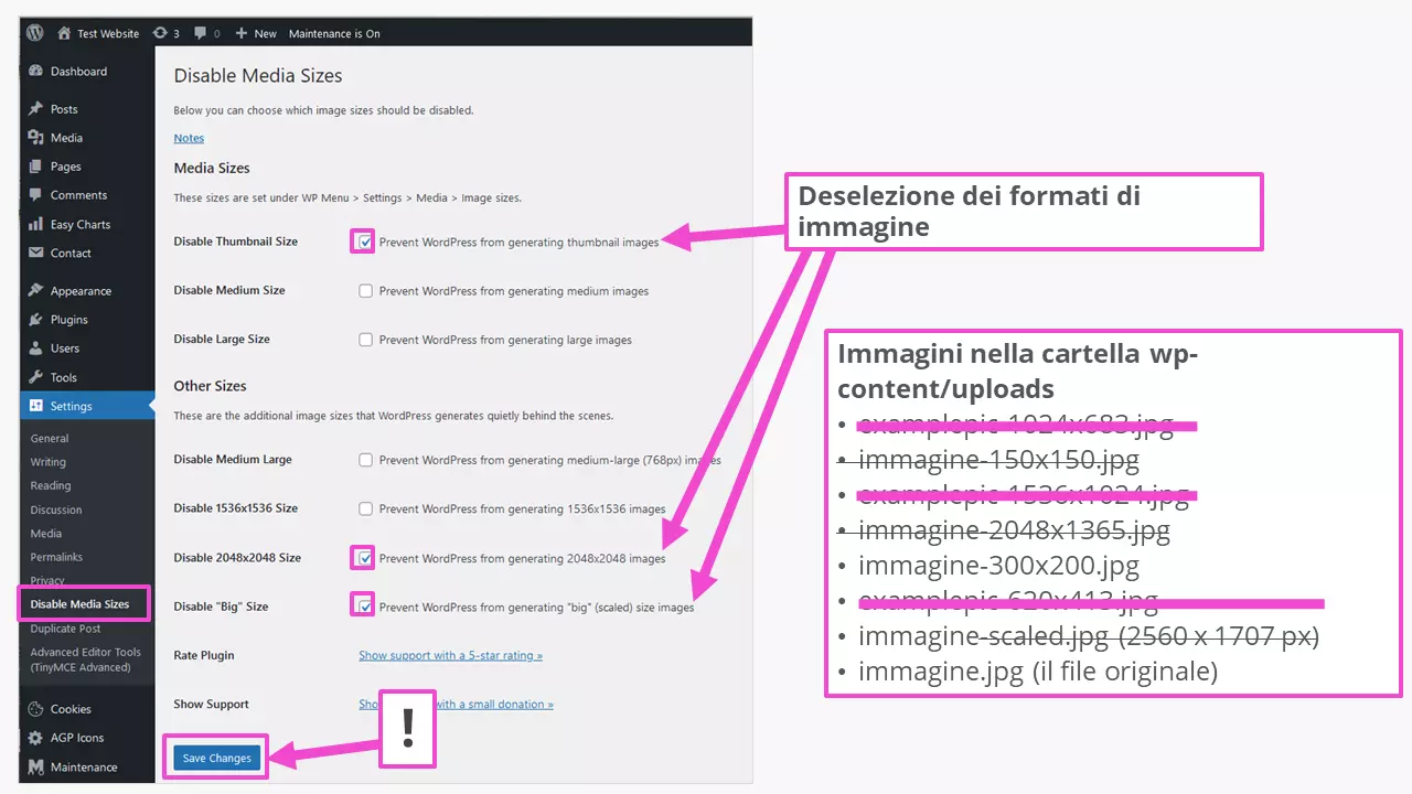 Il plugin “Disable Media Sizes” per disattivare le dimensioni predefinite delle immagini di WordPress