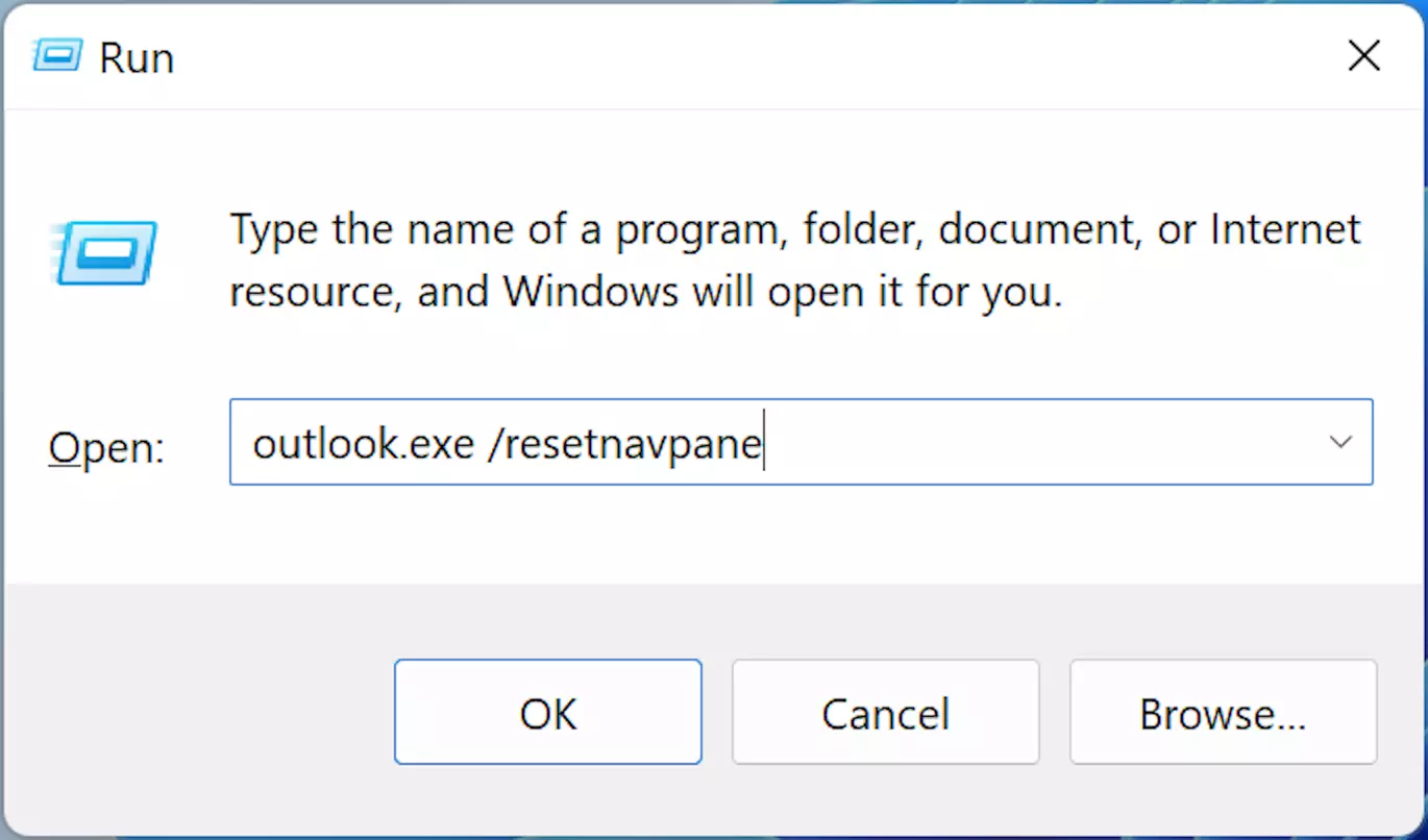 Comando outlook.exe/resetnavpane nella finestra di dialogo Esegui