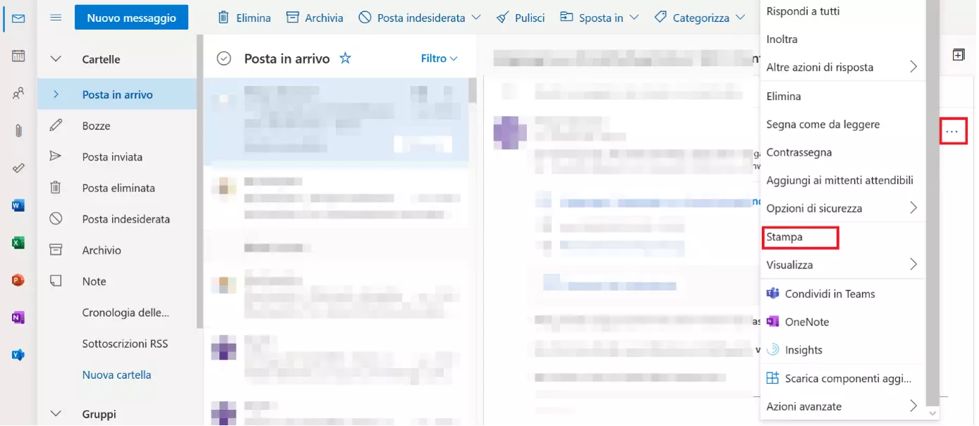 Versione web di Outlook con e-mail aperta e menu aperto con “Stampa”