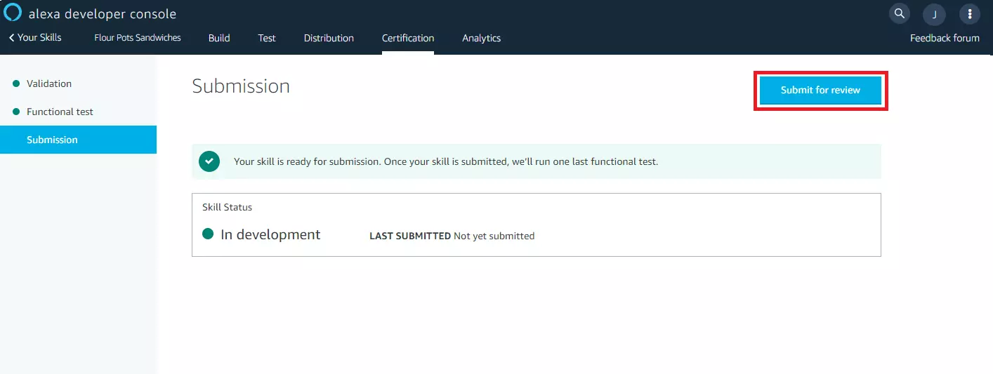 Console sviluppatori di Alexa: invio per la certificazione