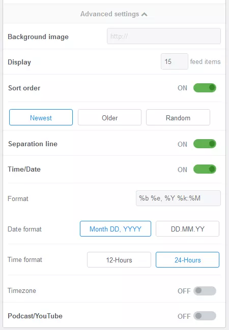 Menu di FeedWind: impostazioni avanzate