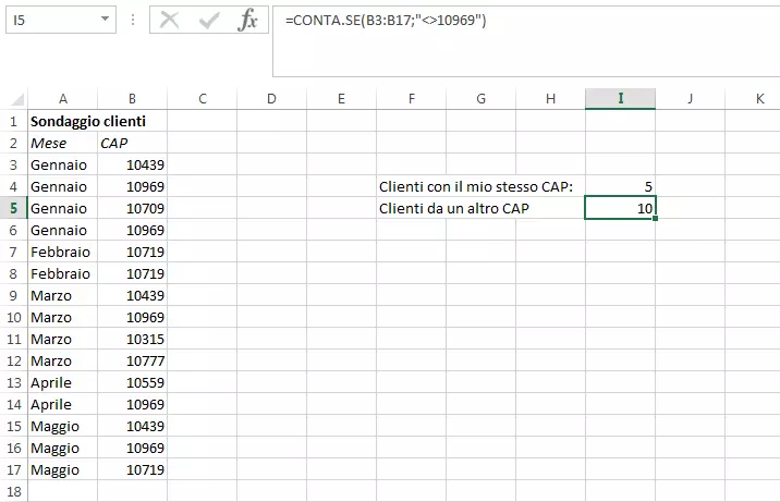 Screenshot di una tabella Excel in una funzione CONTA.SE diversa da