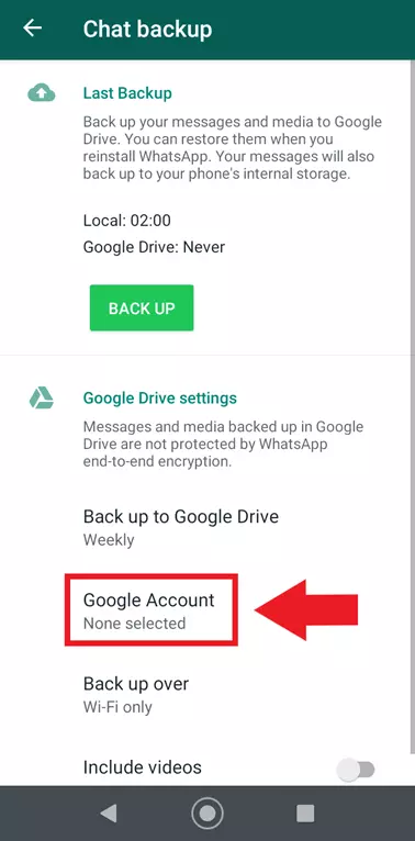 Menu di backup delle chat di WhatsApp con le impostazioni dell’account Google