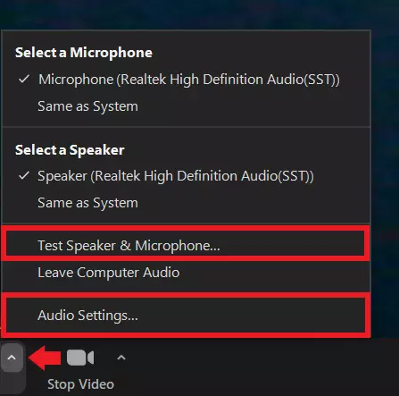 Fate clic sulla freccia accanto al simbolo del microfono per aprire le impostazioni audio