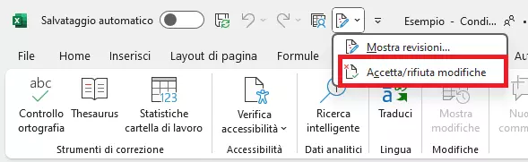 Menu “Accetta/rifiuta modifiche” di Excel