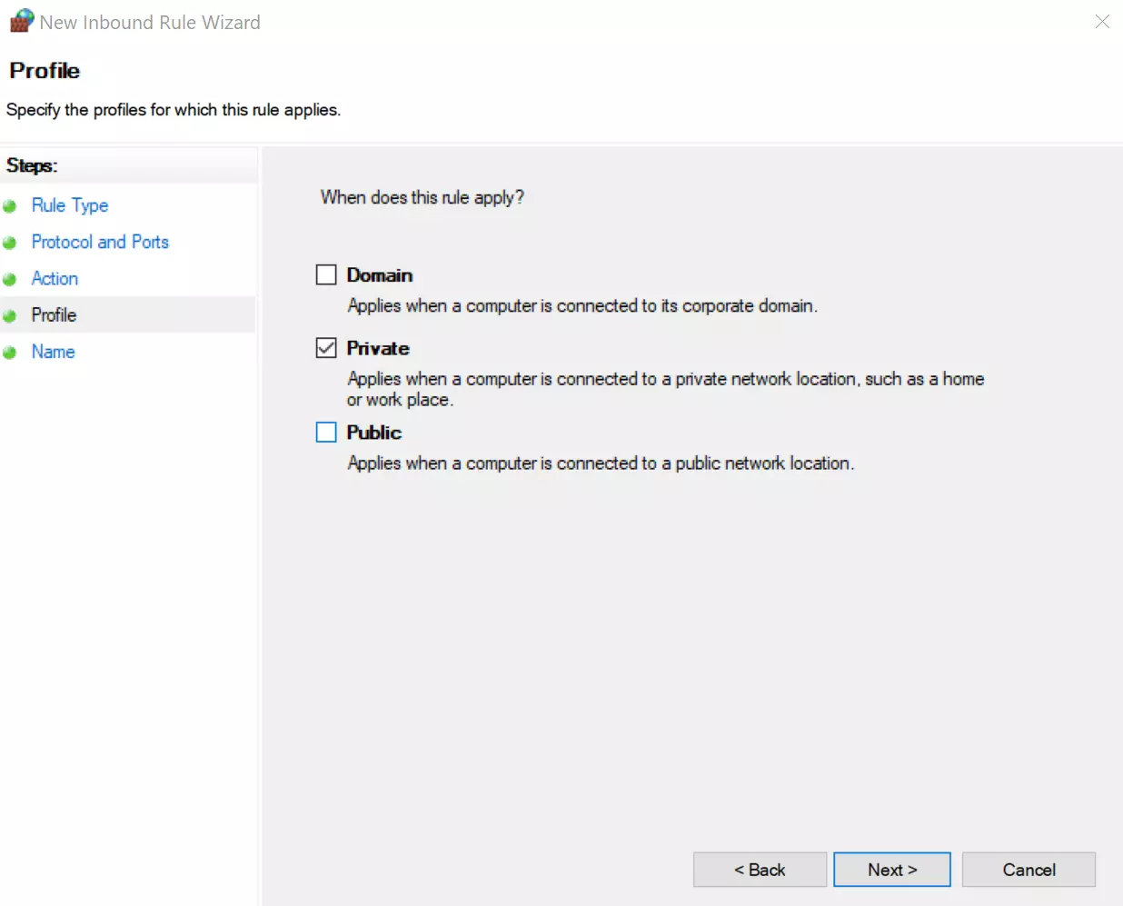 Windows Defender Firewall: impostazioni profilo