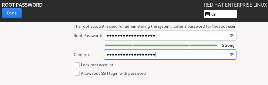 Installazione di RHEL 9: password di root