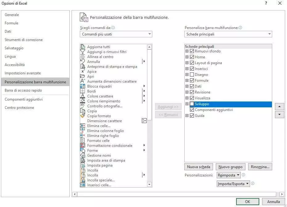 Finestra Opzioni per l’attivazione della scheda “Sviluppo” in Excel