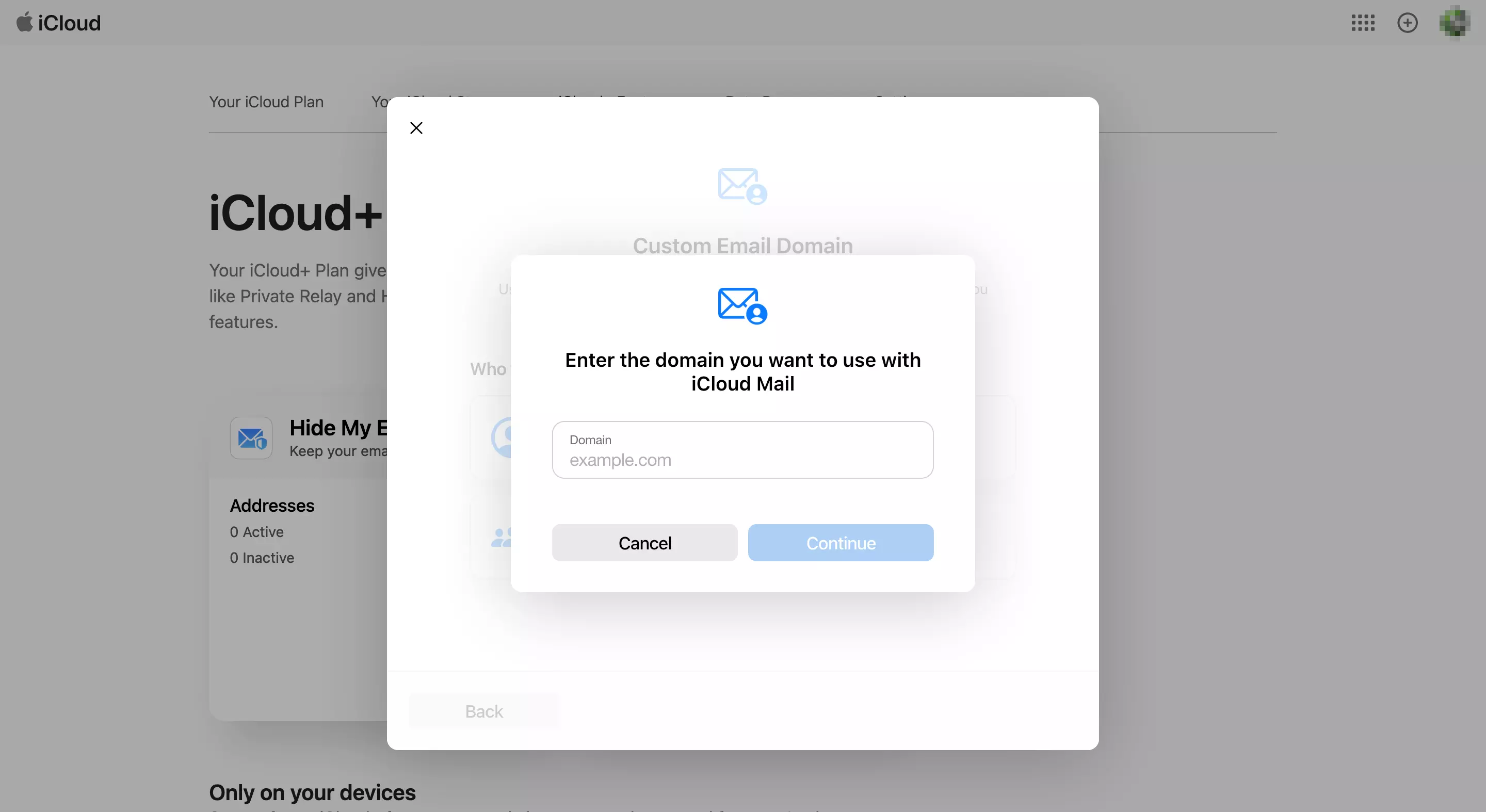 iCloud Mail: selezione del proprio dominio e-mail