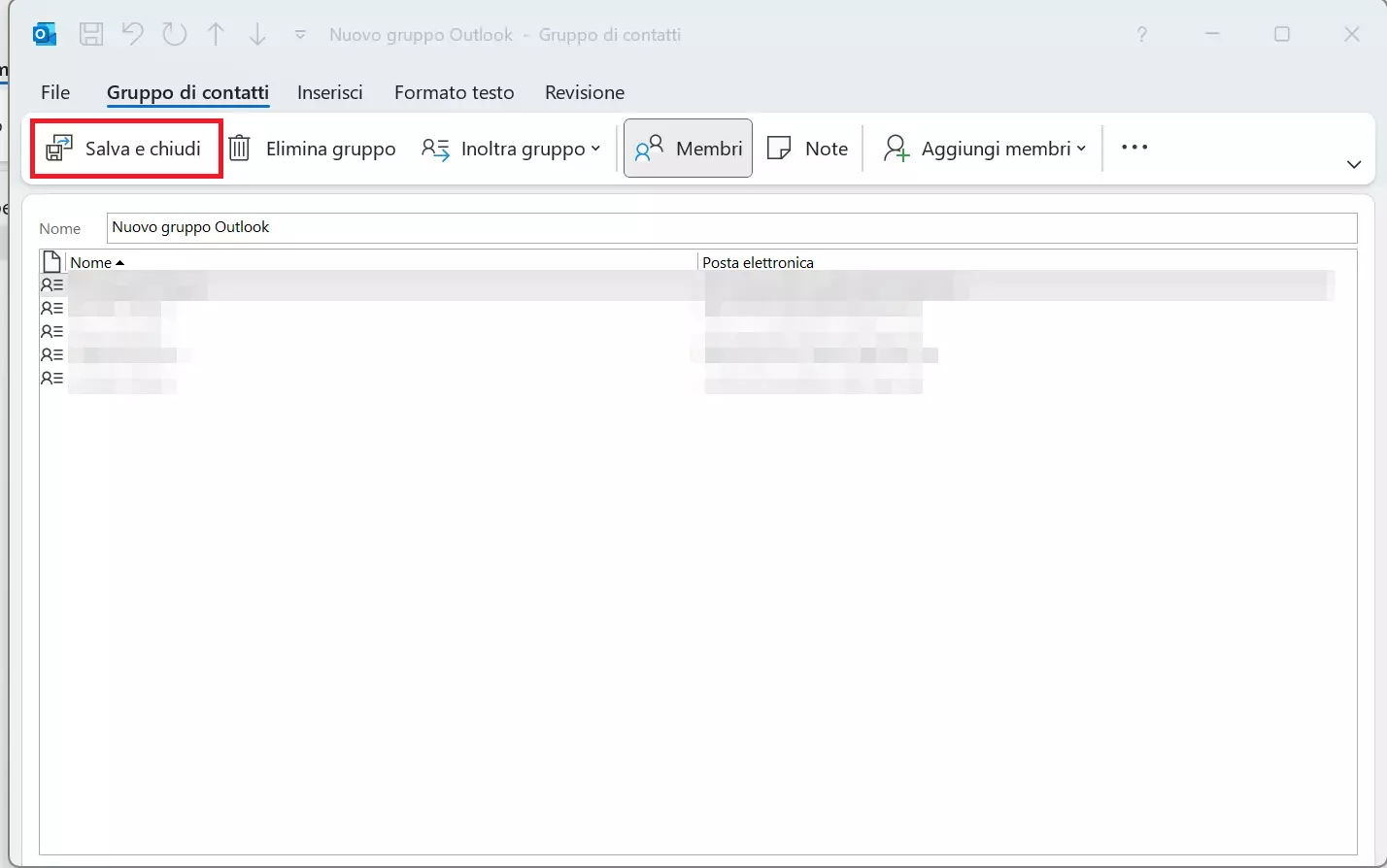 Salvare la lista di distribuzione creata in Outlook