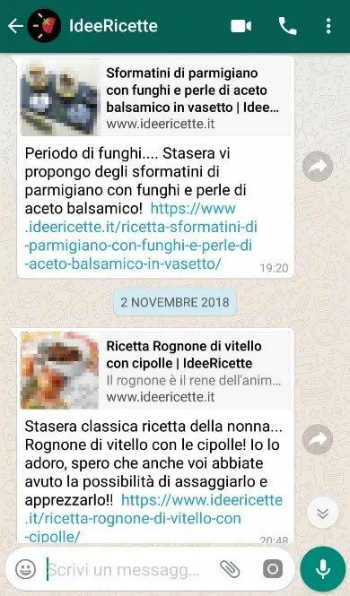 Screenshot della newsletter su WhatsApp di IdeeRicette