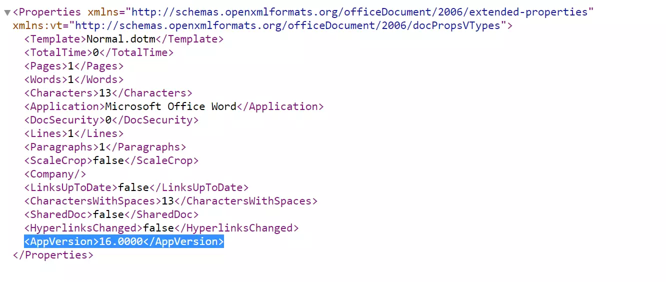 Numero della versione di Office nel file app.xml