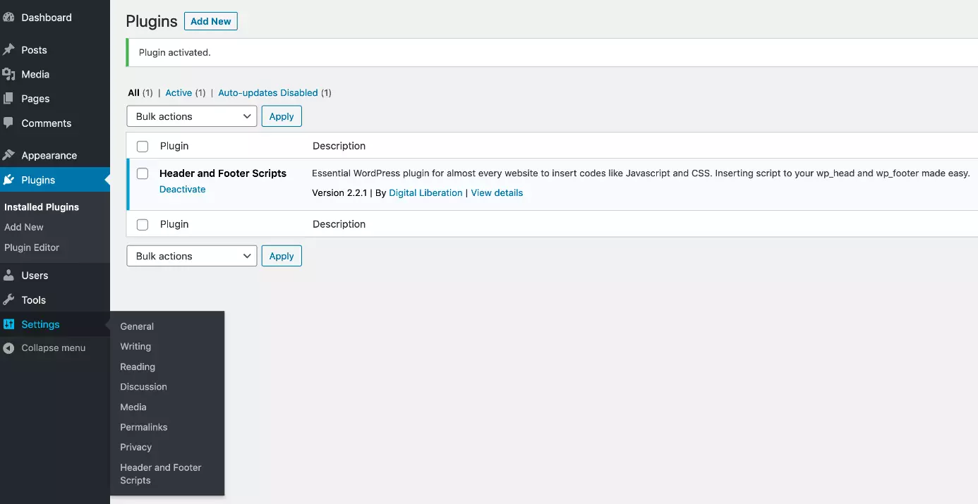 Navigare al plugin “Header and Footer Scripts”