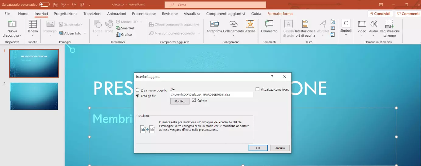 Finestra di dialogo “Inserisci oggetto” di PowerPoint