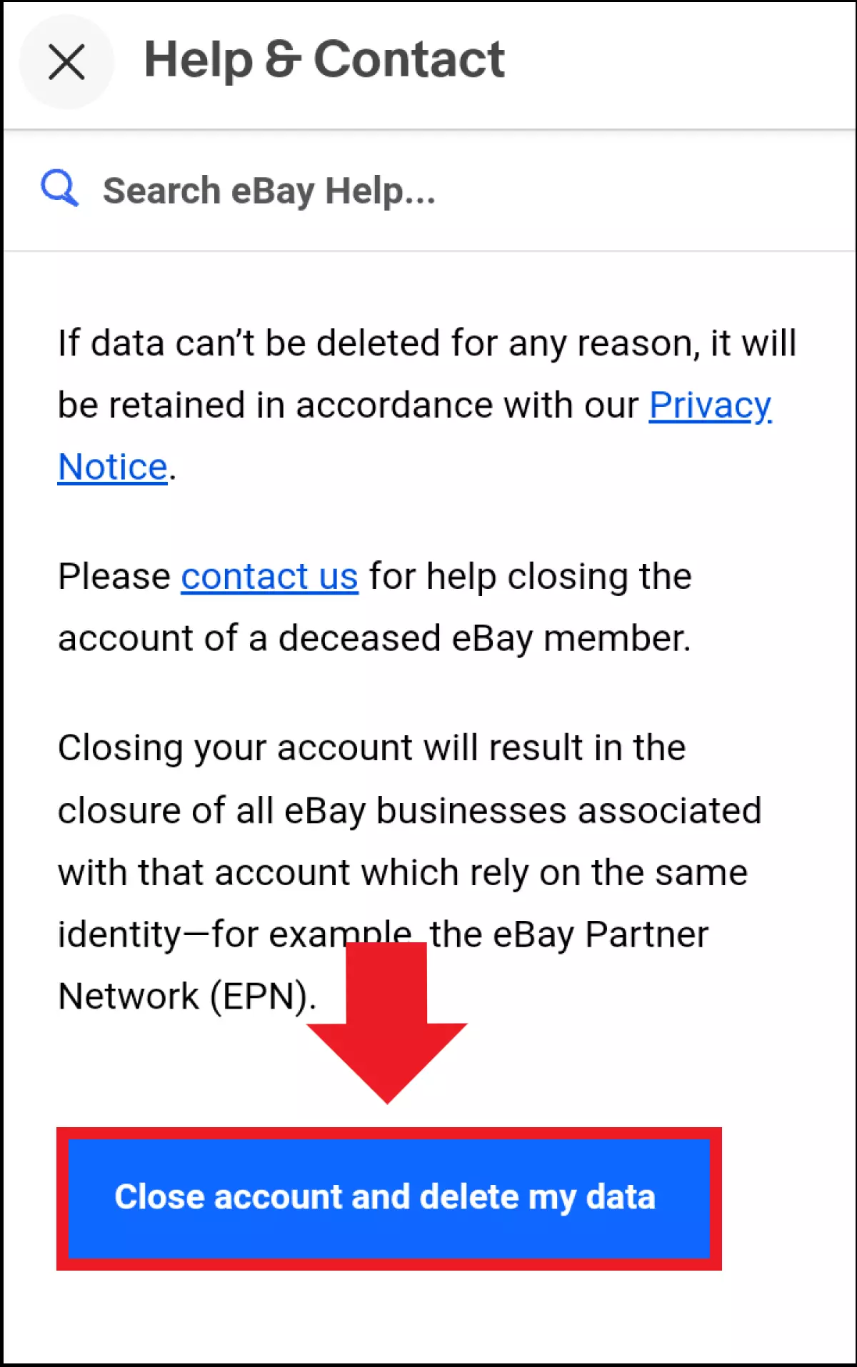 Screenshot della pagina di aiuto di eBay “Chiudi l’account” con il relativo campo