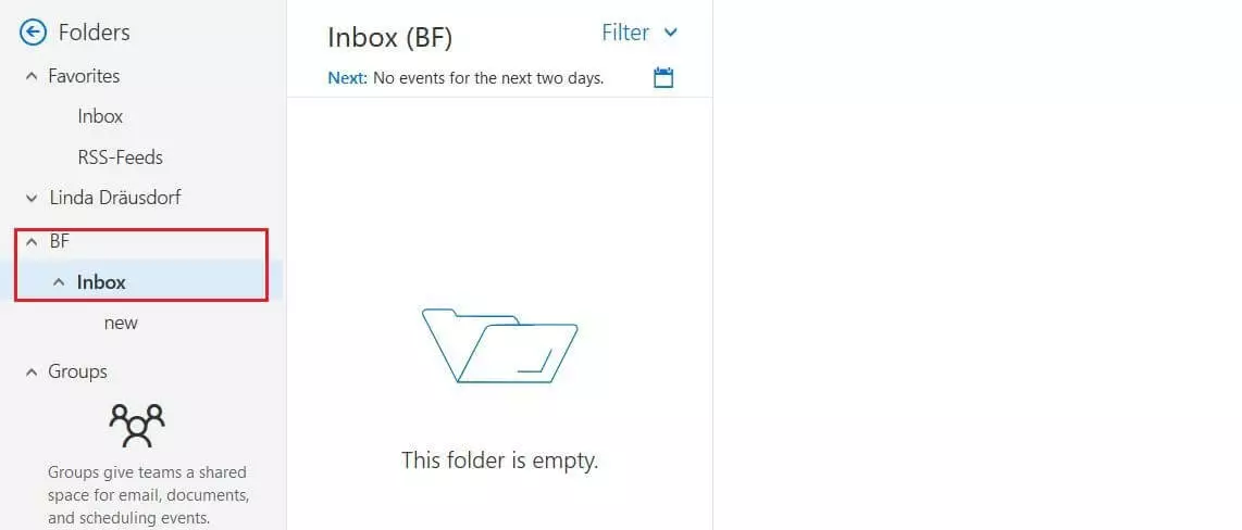 Outlook sul web: riquadro delle cartelle con la casella di posta elettronica condivisa