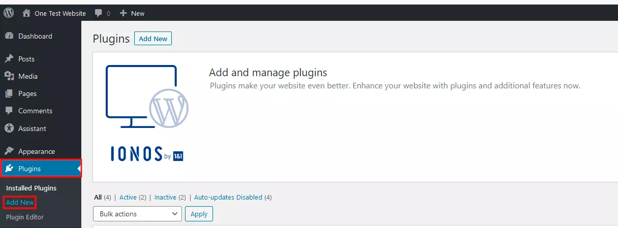 Sezione Plugin nel back end di WordPress