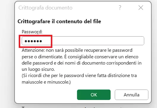 Finestra di dialogo “Crittografa documento”