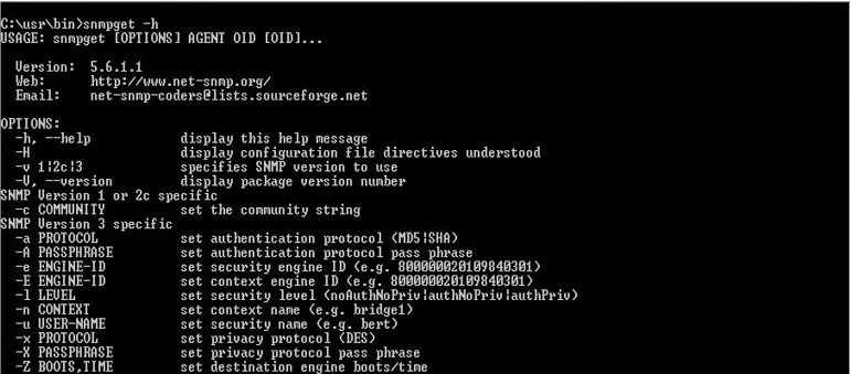 Menu di aiuto snmpget nel prompt dei comandi di Windows