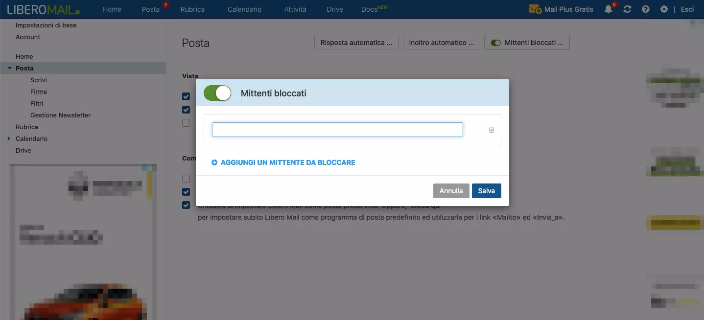Libero Mail: clic su “Aggiungi un mittente da bloccare” nella finestra “Mittenti bloccati…”
