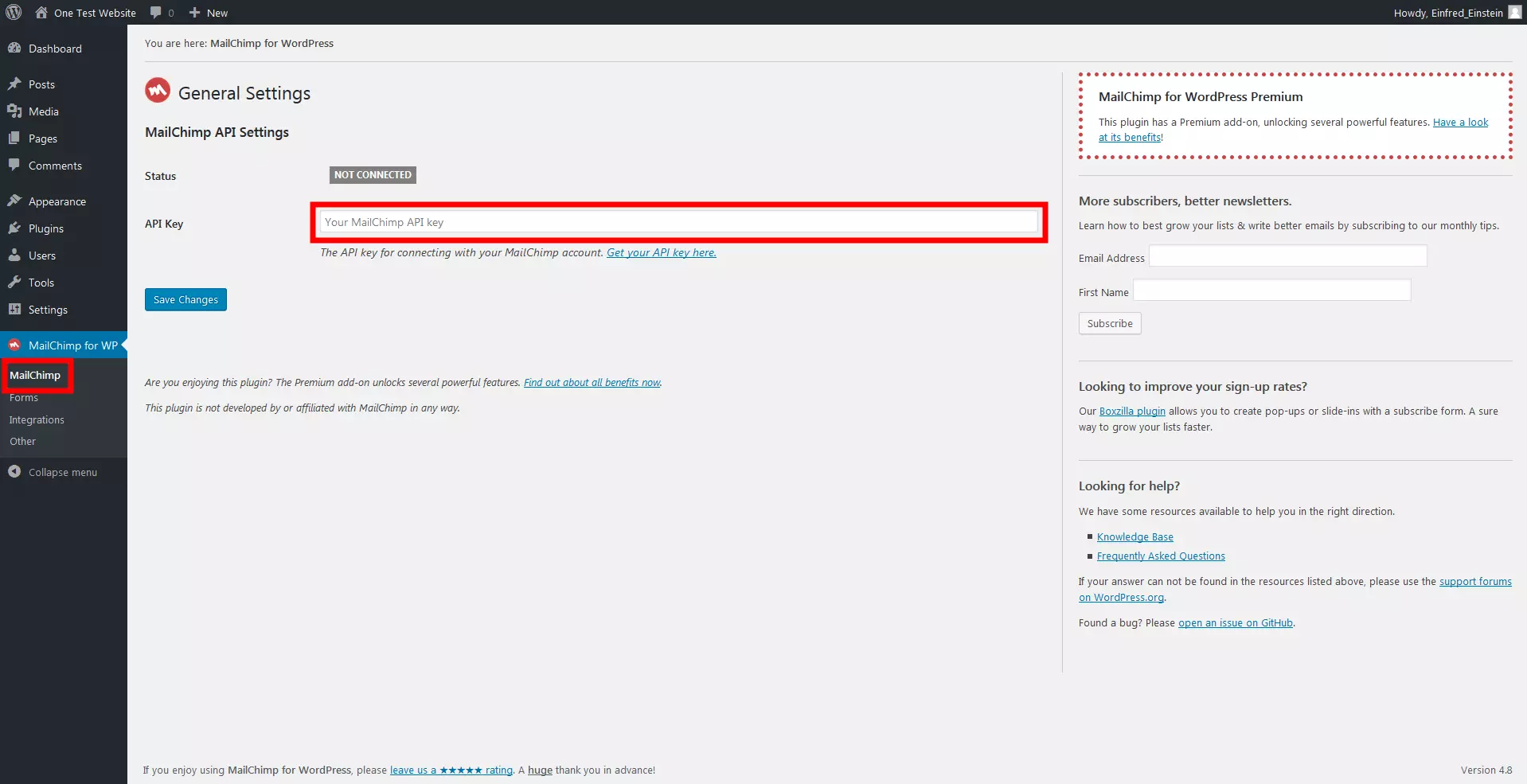 Le impostazioni generali del plug-in MailChimp for WordPress