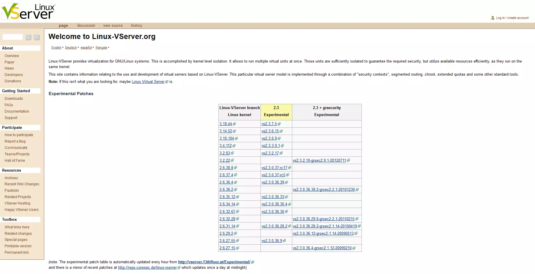 Pagina iniziale del progetto open source Linux VServer