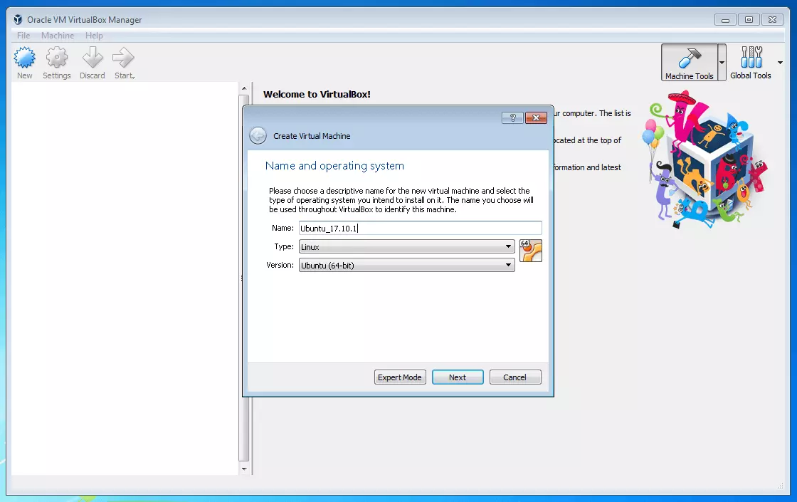 Oracle VM VirtualBox Manager: scelta del sistema operativo