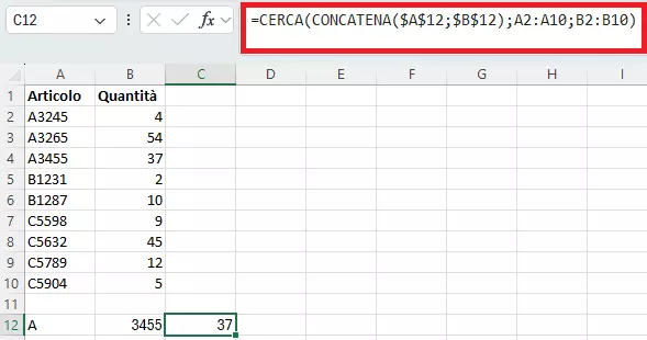 Combinazione in Excel di CERCA e CONCATENA