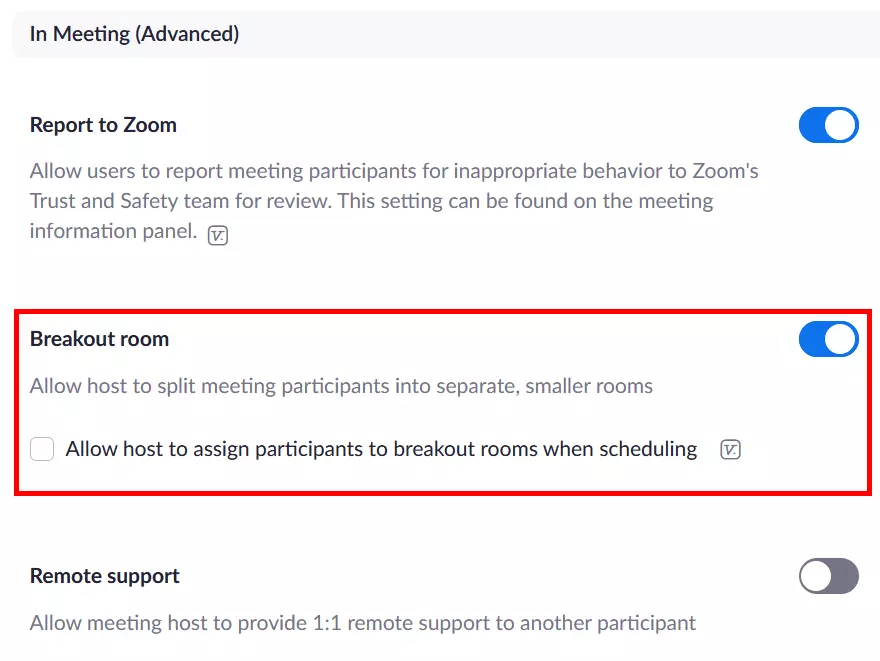 Opzione per attivare una breakout room nelle impostazioni dell’account del sito web del fornitore