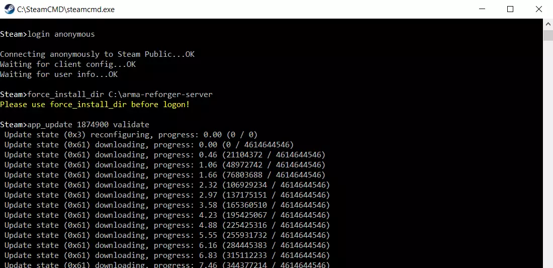 SteamCMD: installazione e login nell’app “Server Arma Reforger”