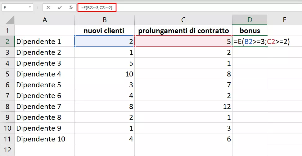 Funzione E di Excel: inserimento nella cella