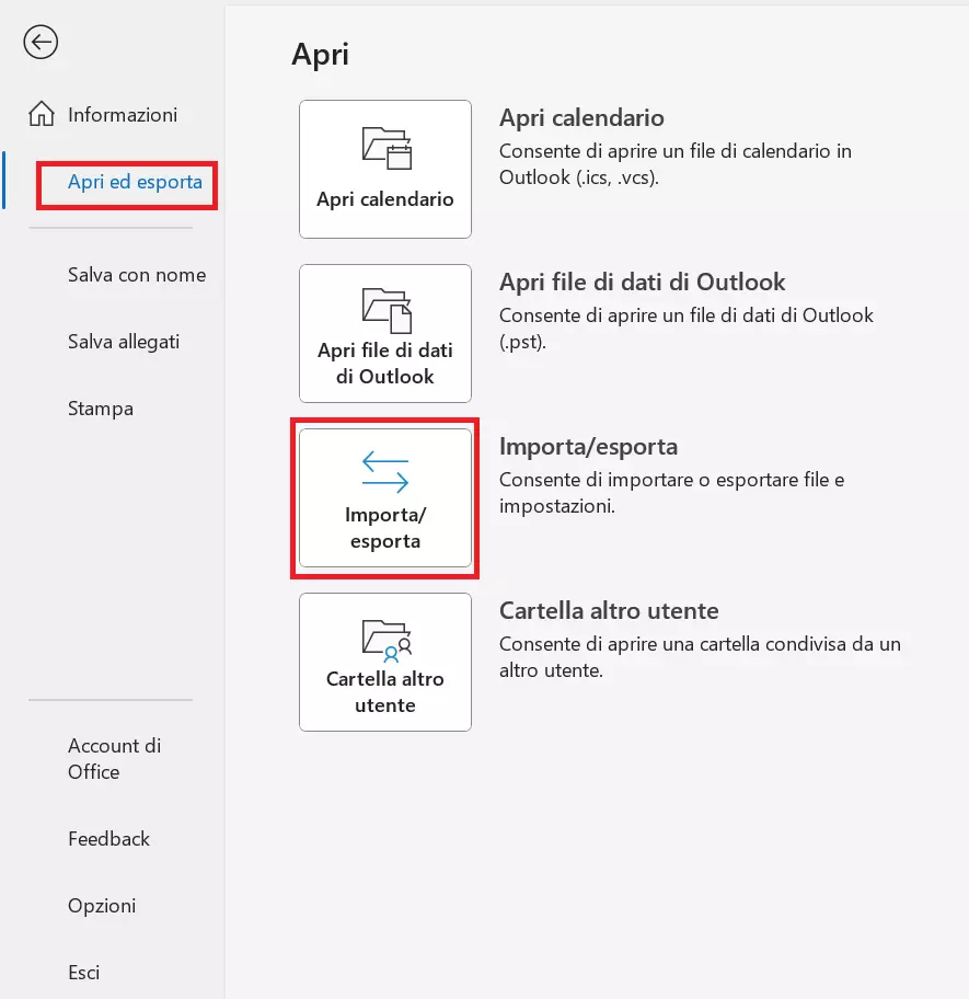 Menu di Outlook “Importa/esporta”