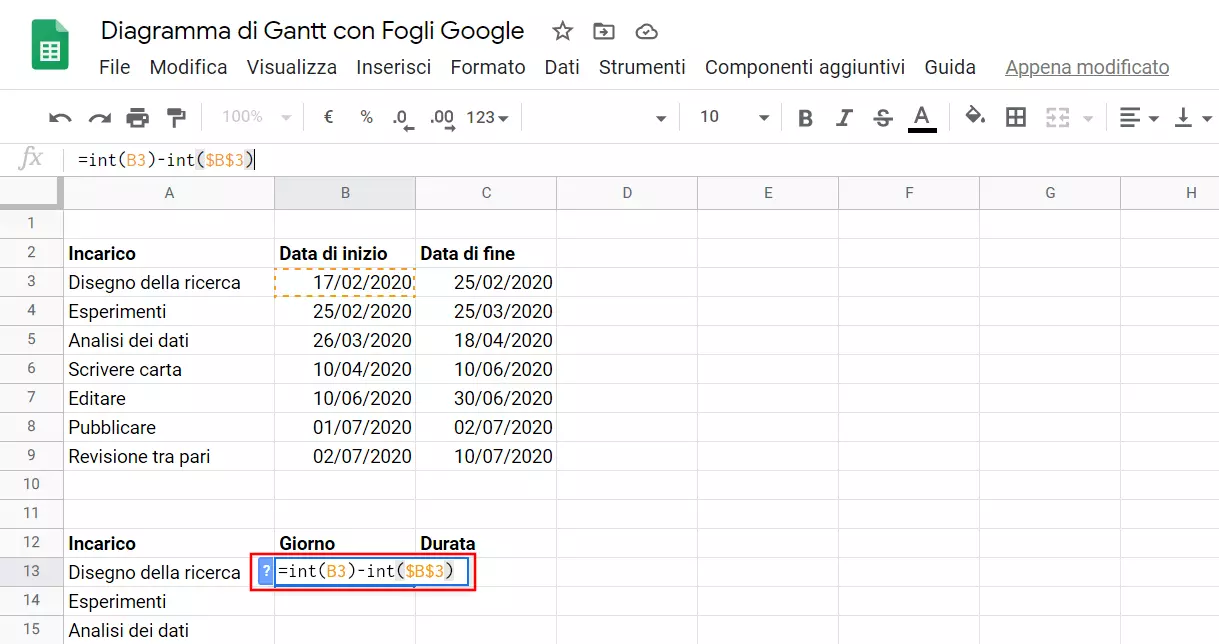 Formula inserita in Fogli Google