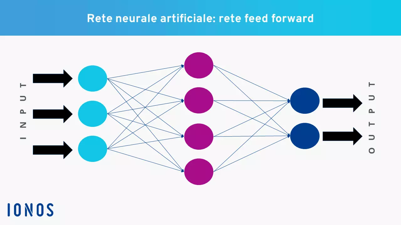 Esempio di una rete neurale artificiale feed forward con uno strato nascosto