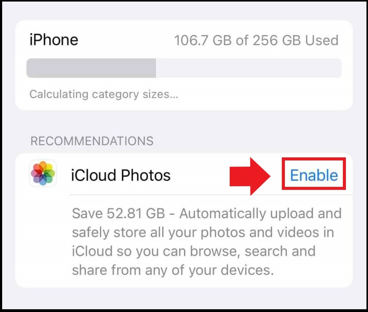 Screenshot della funzione di iPhone “Foto di iCloud” nella sezione “Spazio iPhone”