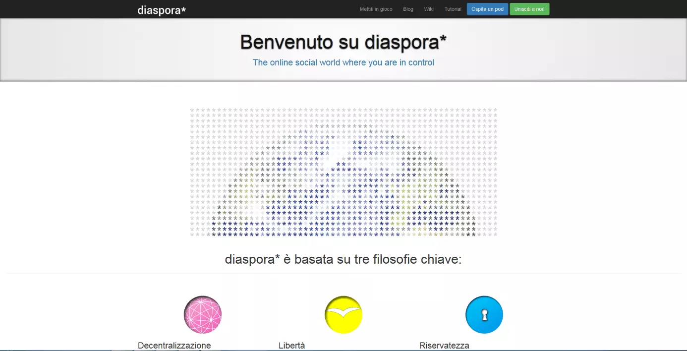 Screenshot della homepage di Diaspora