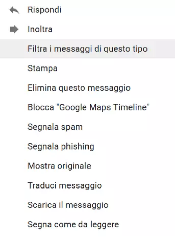 Screenshot del menu di Gmail