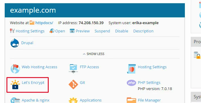 Interfaccia utente di Plesk in inglese con l’opzione Let’s Encrypt