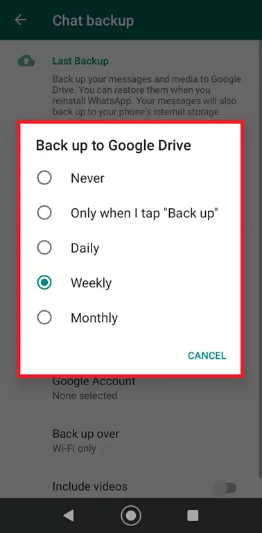 Menu del backup delle chat di WhatsApp per Google Drive