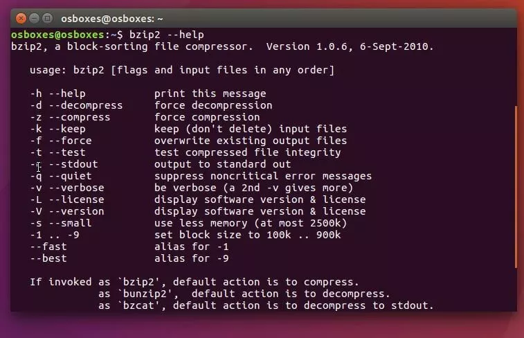 Panoramica dei comandi bzip2 nel terminale di Ubuntu