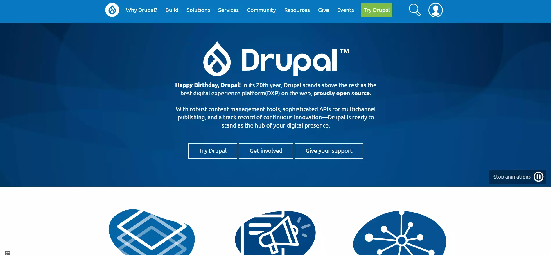 La pagina iniziale del progetto Drupal in inglese