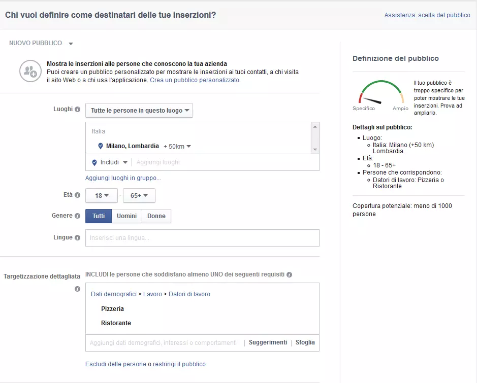 Definire il pubblico per la creazione di annunci pubblicitari Facebook