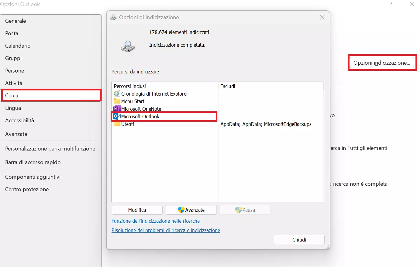 Controllare le opzioni di indicizzazione di Outlook