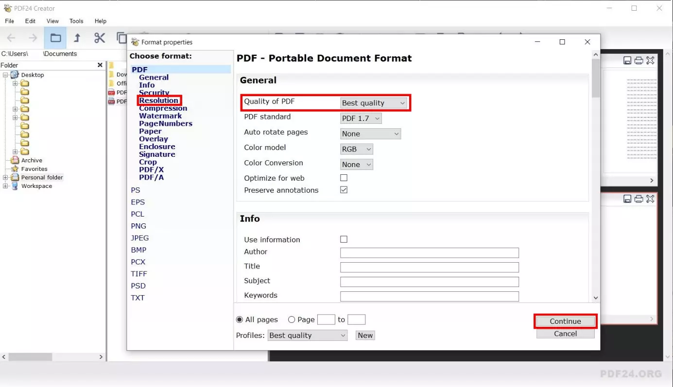 Menu di esportazione di PDF24 Creator